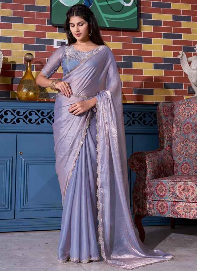 Sattin Silk Lavender Party Wear Hand Work Saree